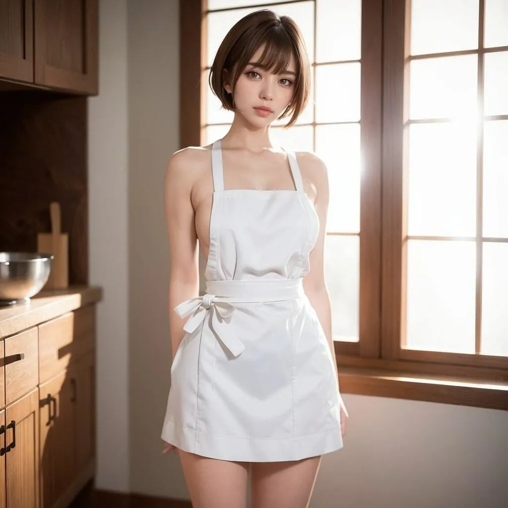 ショートカット巨乳美女の裸エプロン写真