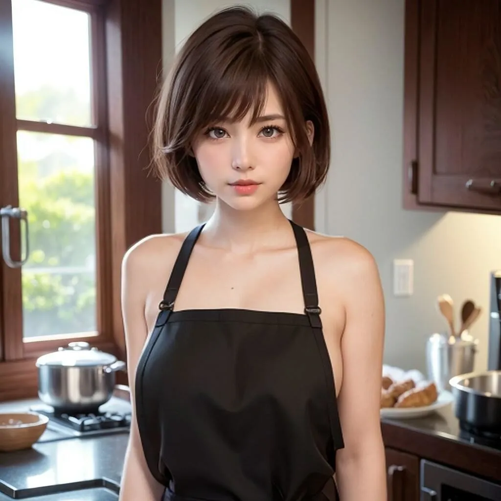 ショートカット巨乳美女の裸エプロン写真