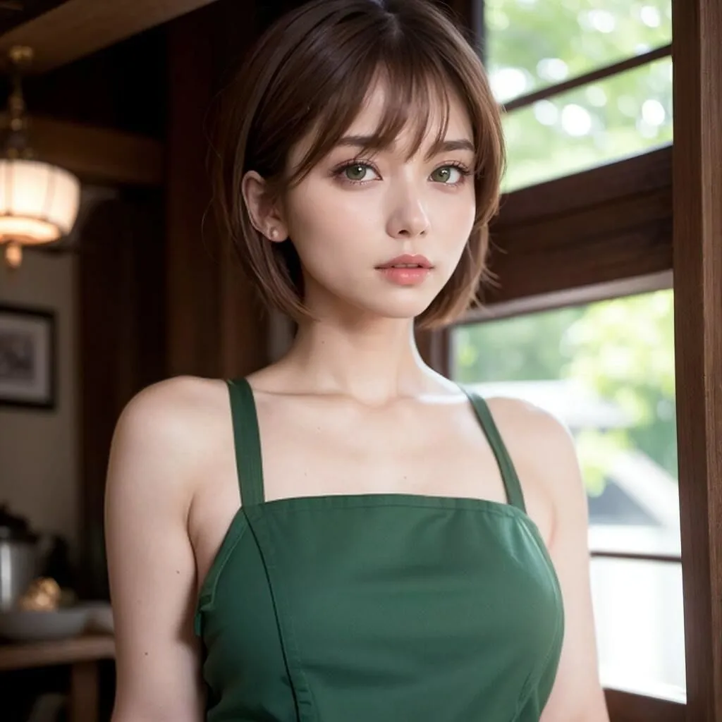 ショートカット巨乳美女の裸エプロン写真