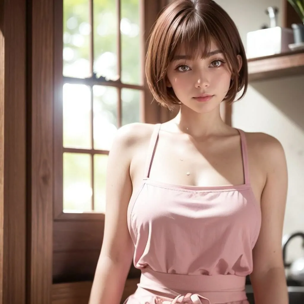 ショートカット巨乳美人若奥さまの裸エプロン写真